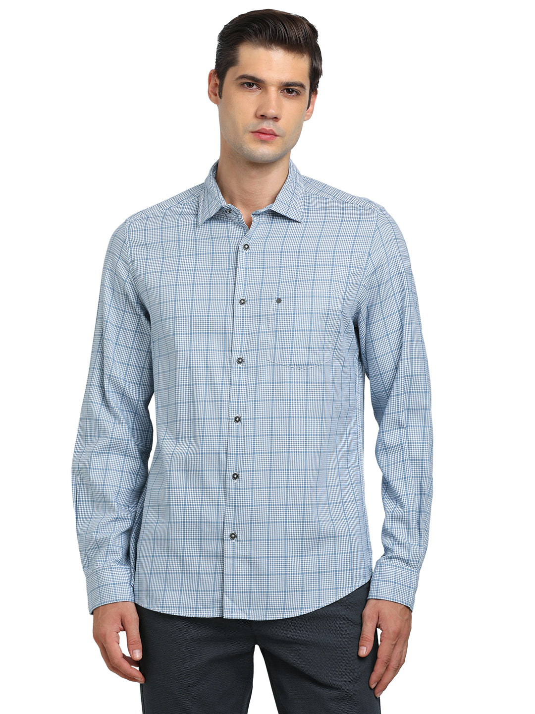 100% Cotton Light Blue Checkered Slim Fit Full Sleeve Casual Shirt