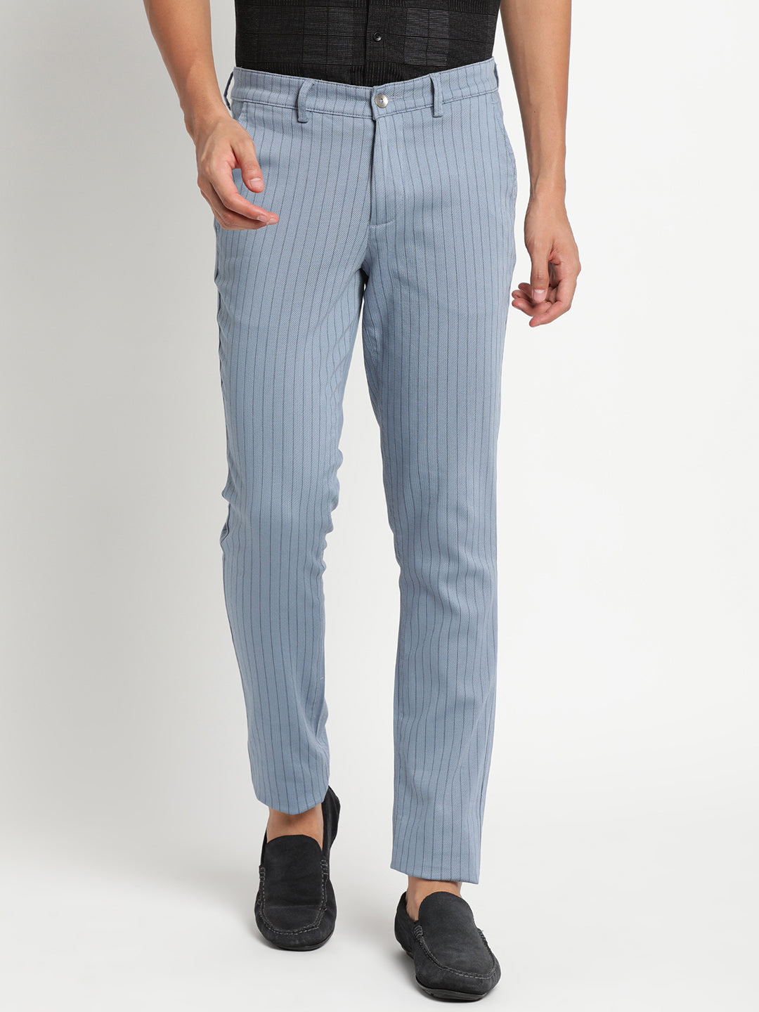 Cotton Stretch Sky Blue Striped Narrow Fit Flat Front Casual Trouser