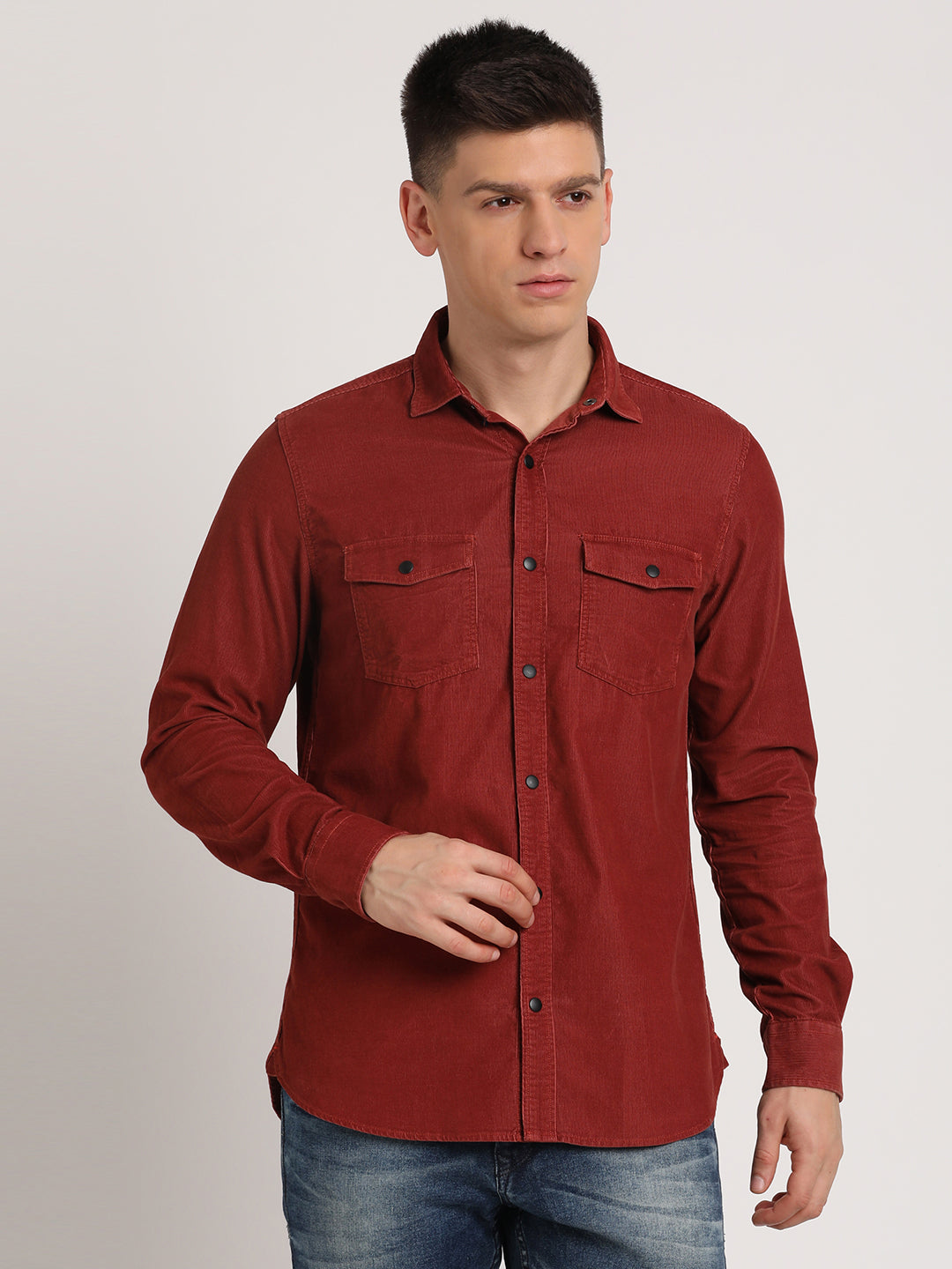 100% Cotton Red Plain Slim Fit Full Sleeve Casual Shirt