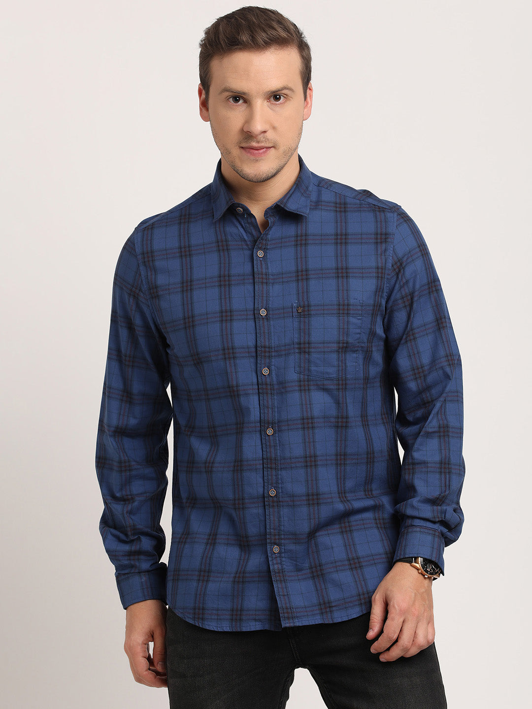 100% Cotton Blue Checkered Slim Fit Full Sleeve Casual Shirt