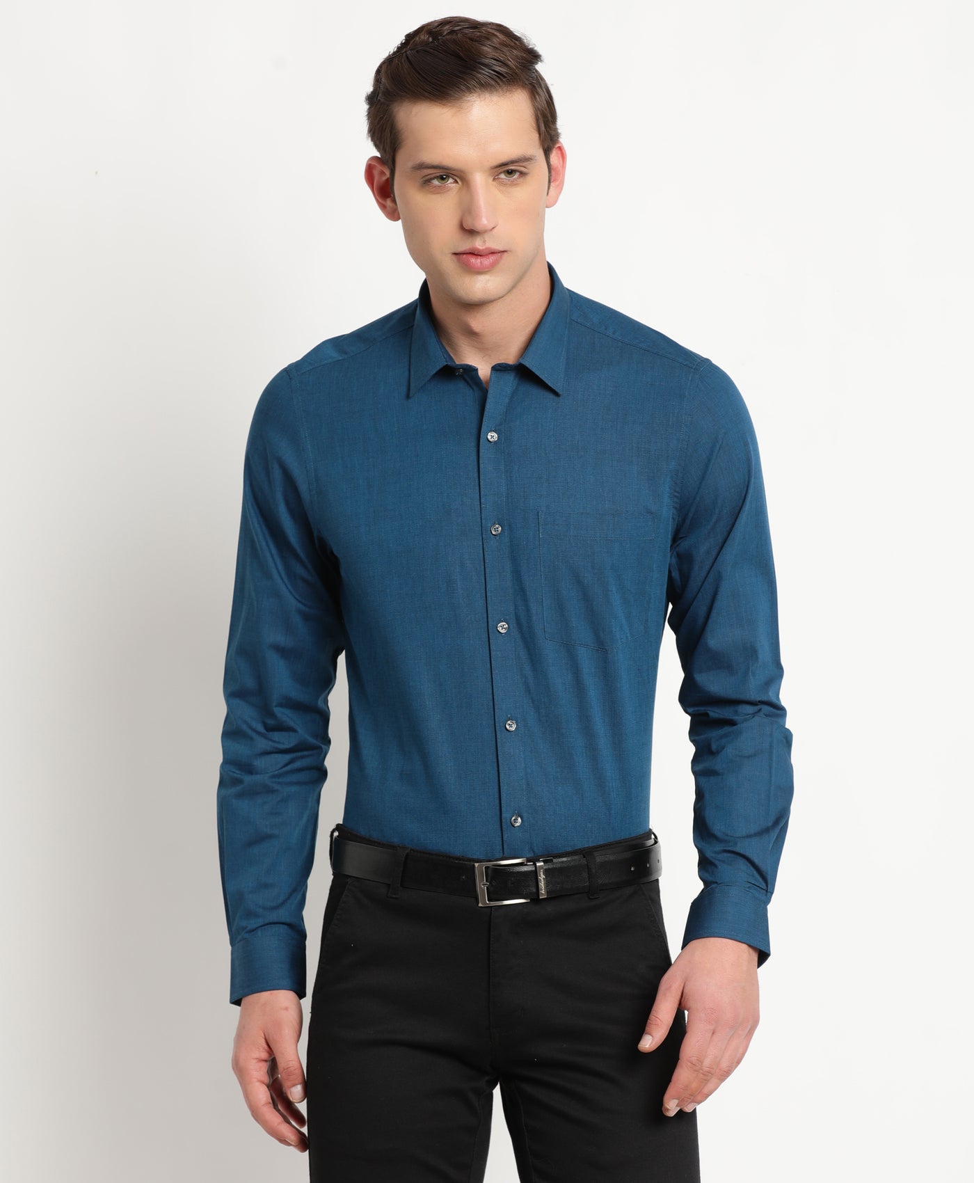 100% Cotton Peacock Blue Plain Slim Fit Full Sleeve Formal Shirt