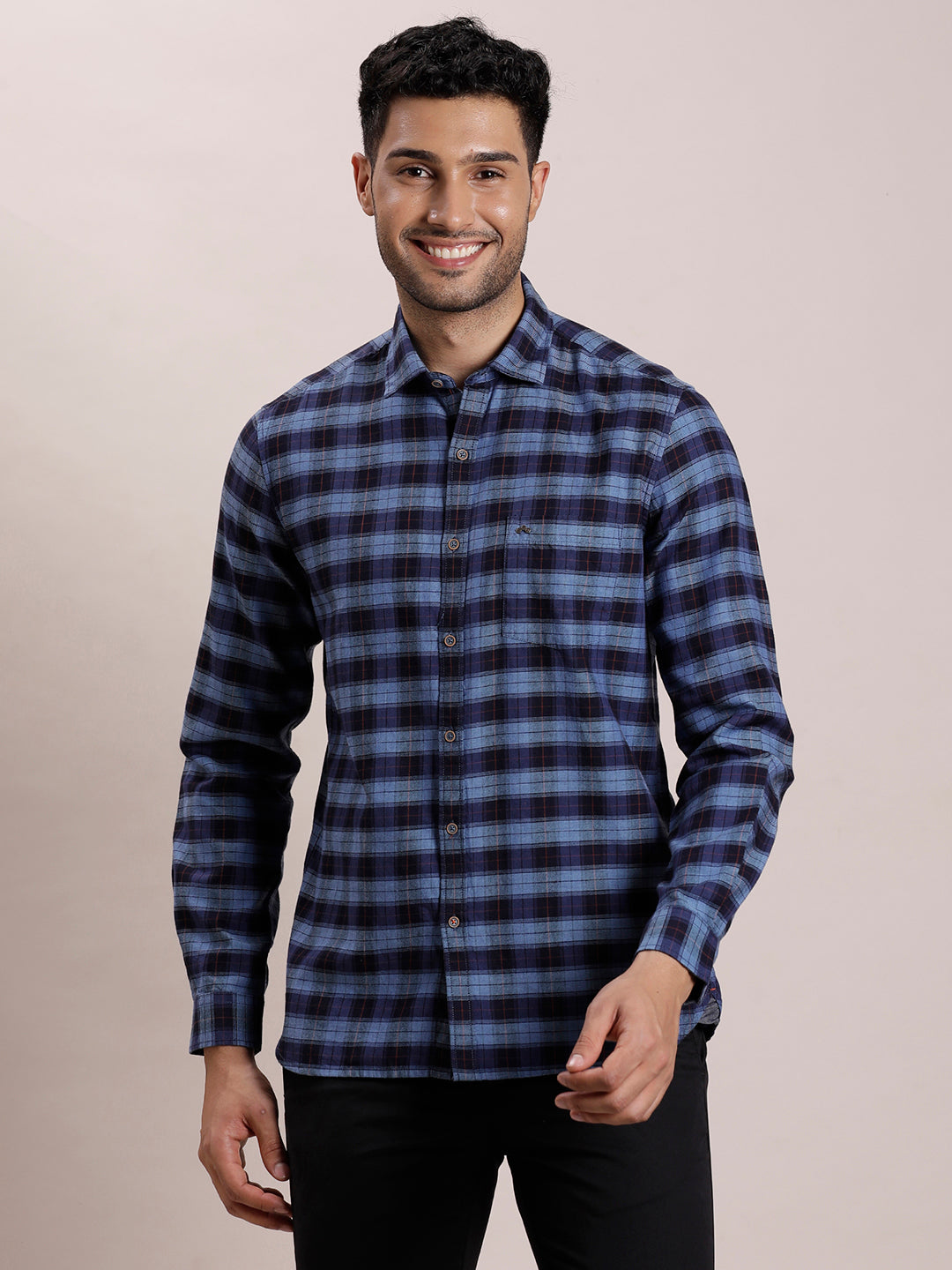 100% Cotton Indigo Navy Blue Checkered Slim Fit Full Sleeve Casual Shirt