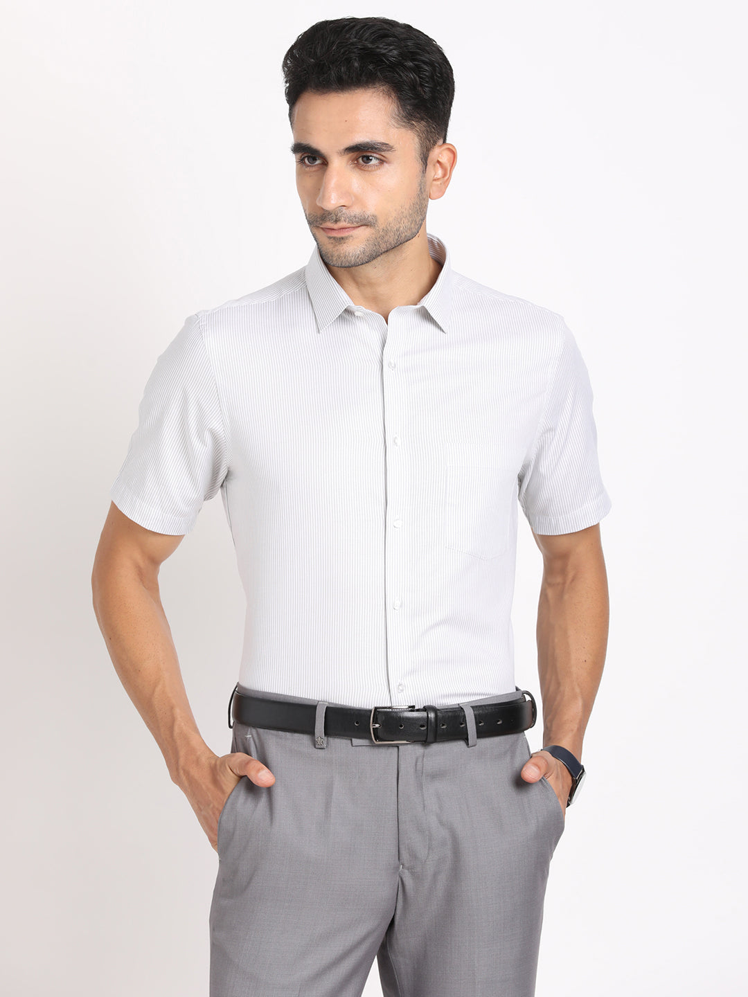 Giza Cotton White Striped Regular Fit Half Sleeve Formal Shirt