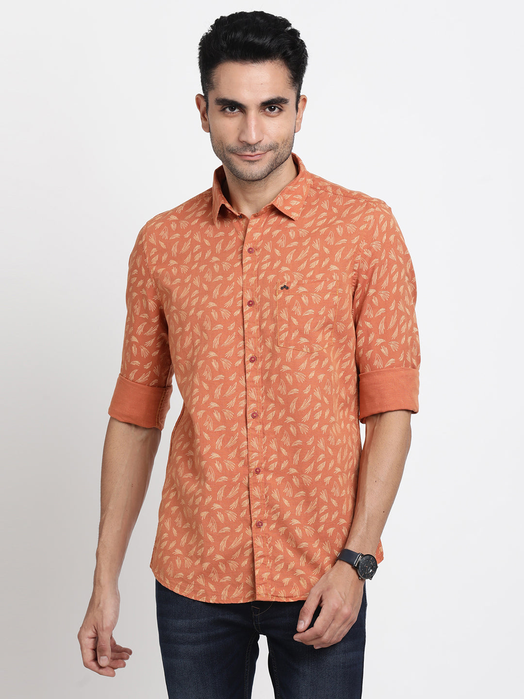 Cotton Linen Orange Printed Slim Fit Full Sleeve Casual Shirt