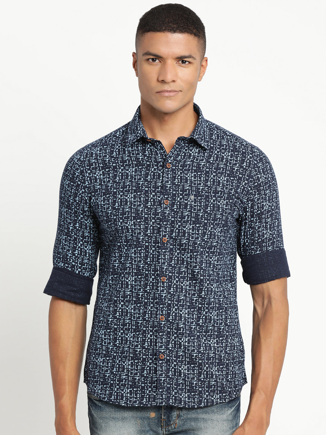 Khadi Navy Blue Printed Slim Fit Full Sleeve Casual Shirt