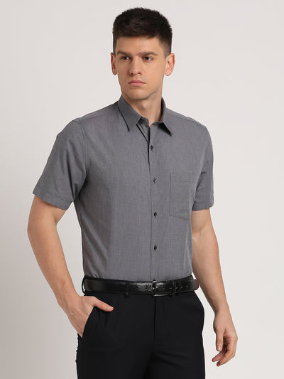 100% Cotton Grey Plain Slim Fit Half Sleeve Formal Shirt