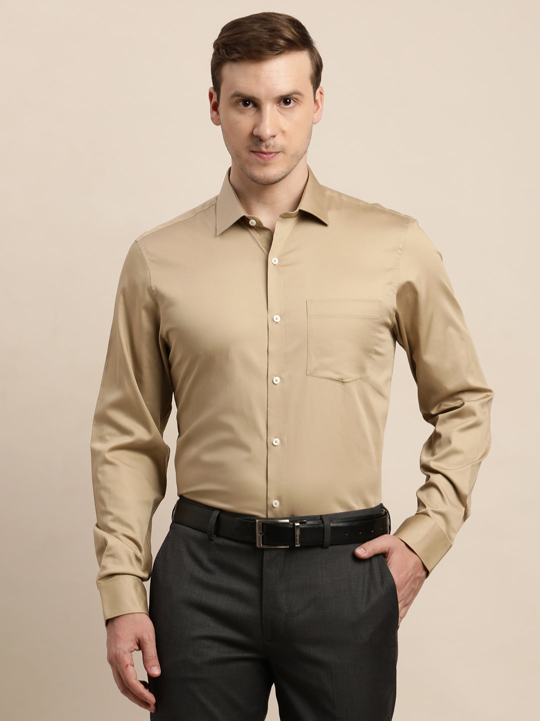 100% Cotton Khaki Plain Slim Fit Full Sleeve Formal Shirt