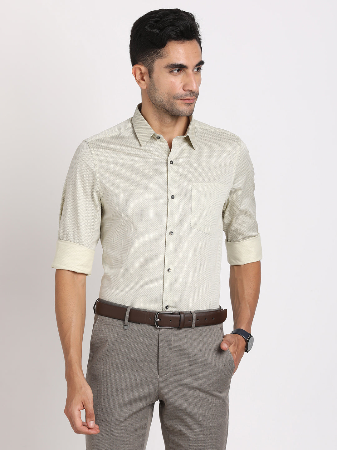 100% Cotton Beige Printed Slim Fit Full Sleeve Formal Shirt