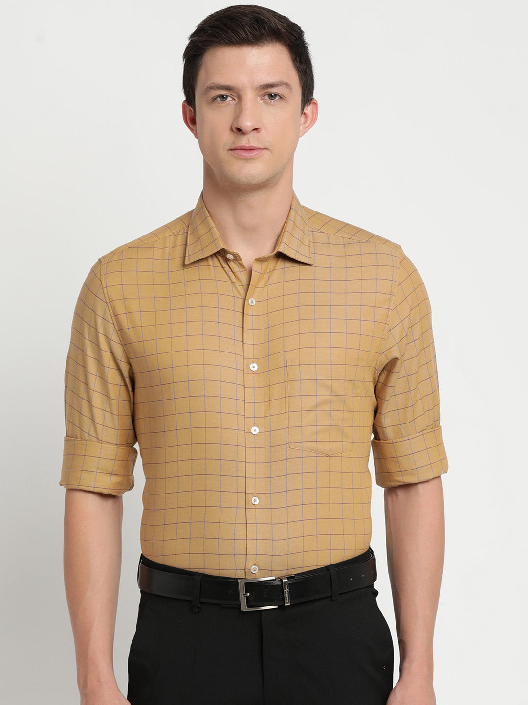 100% Cotton Khaki Checkered Slim Fit Full Sleeve Formal Shirt