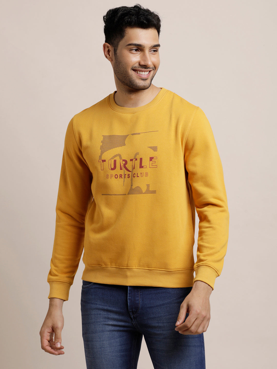 100% Cotton Yellow Plain Regular Fit Full Sleeve Casual Pullover