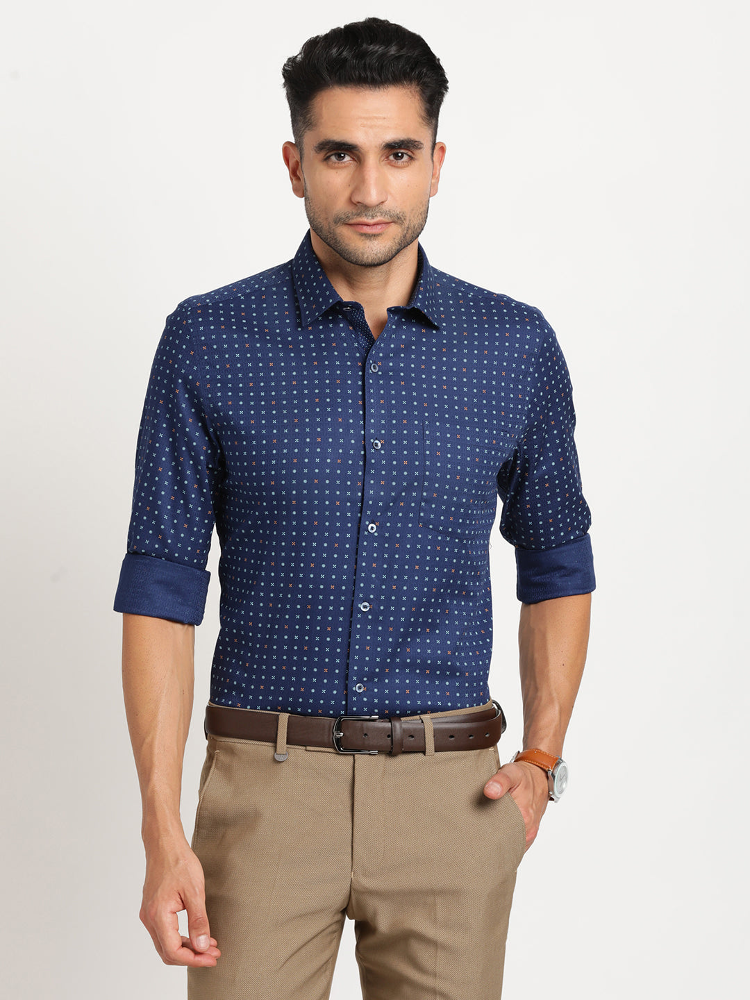 100% Cotton Navy Blue Printed Slim Fit Full Sleeve Formal Shirt