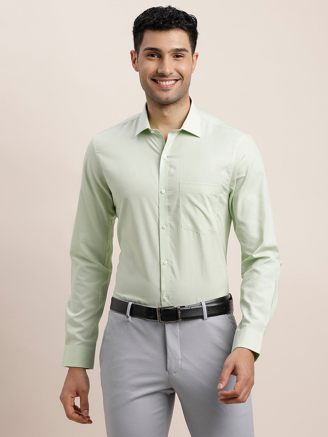 100% Cotton Pista Green Plain Slim Fit Full Sleeve Formal Shirt