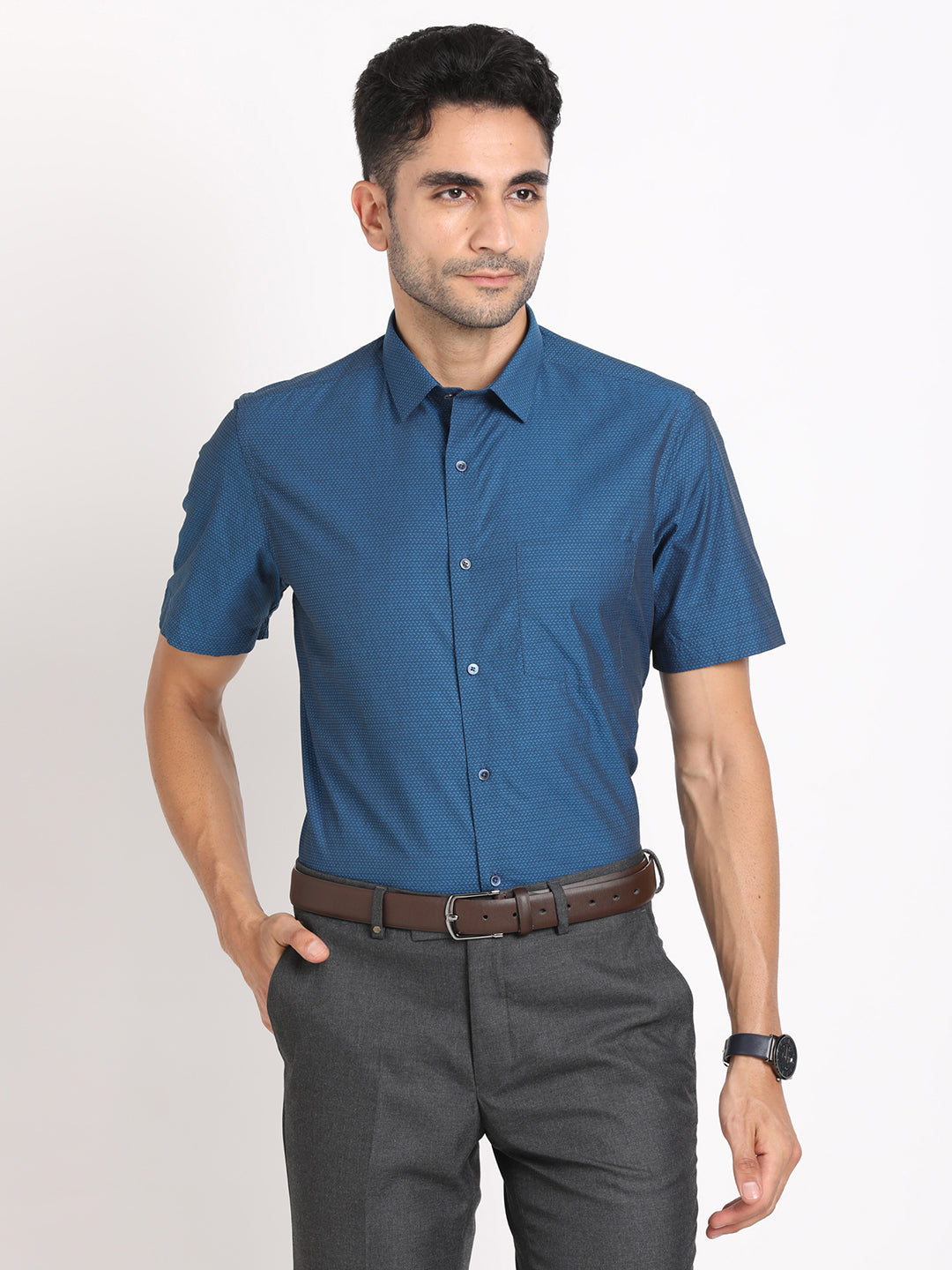 100% Cotton Blue Dobby Regular Fit Half Sleeve Formal Shirt