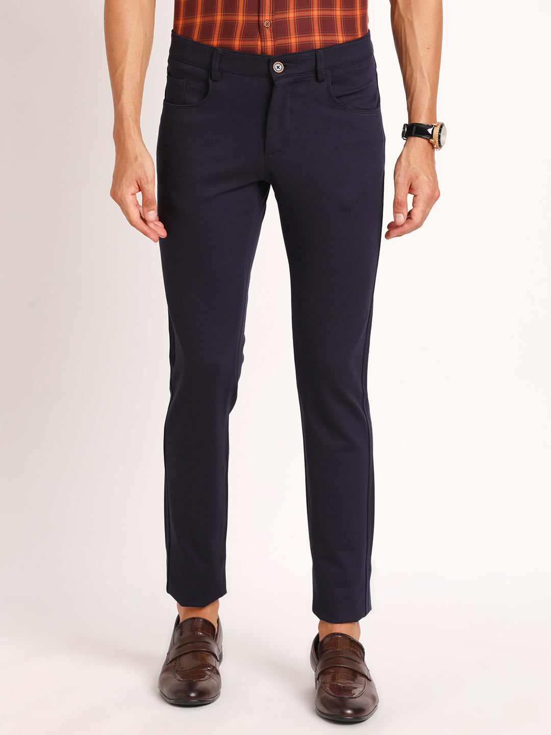 Cotton Navy Blue Plain Narrow Fit Flat Front Casual Trouser