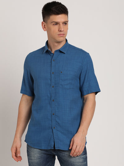 Cotton Lyocell Blue Plain Slim Fit Half Sleeve Casual Shirt