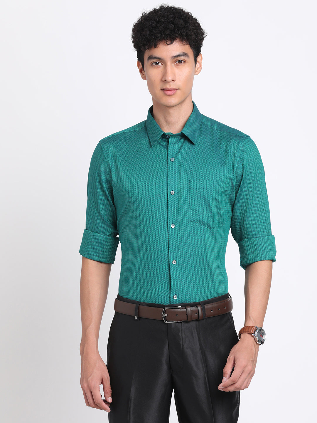 100% Cotton Turquoise Blue Dobby Slim Fit Full Sleeve Ceremonial Shirt