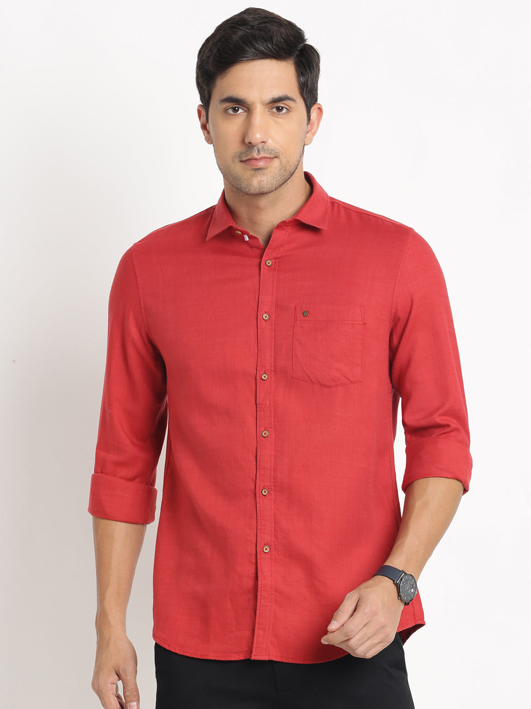 Cotton Lyocell Red Plain Slim Fit Full Sleeve Casual Shirt