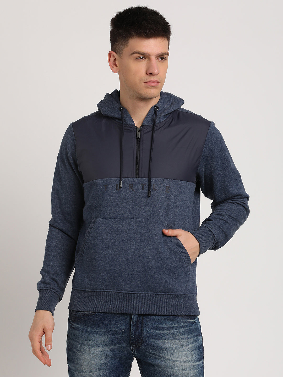 Poly Cotton Navy Striped Regular Fit Full Sleeve Casual Hoodie Sweatshirt