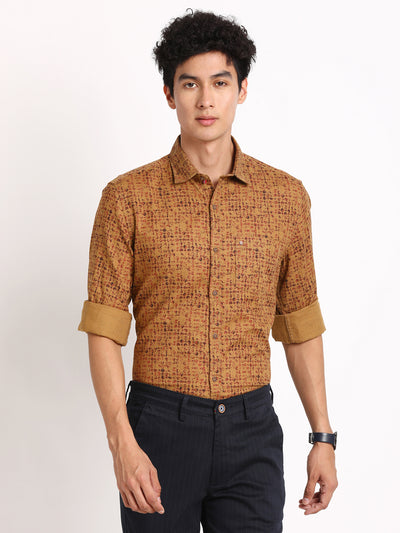 100% Cotton Khaki Printed Slim Fit Full Sleeve Casual Shirt