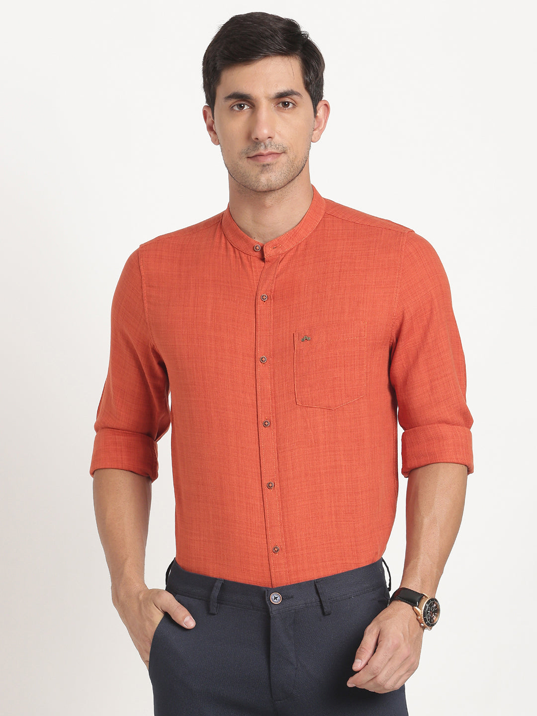 Cotton Lyocell Rust Plain Slim Fit Mandarin Collar Casual Shirt
