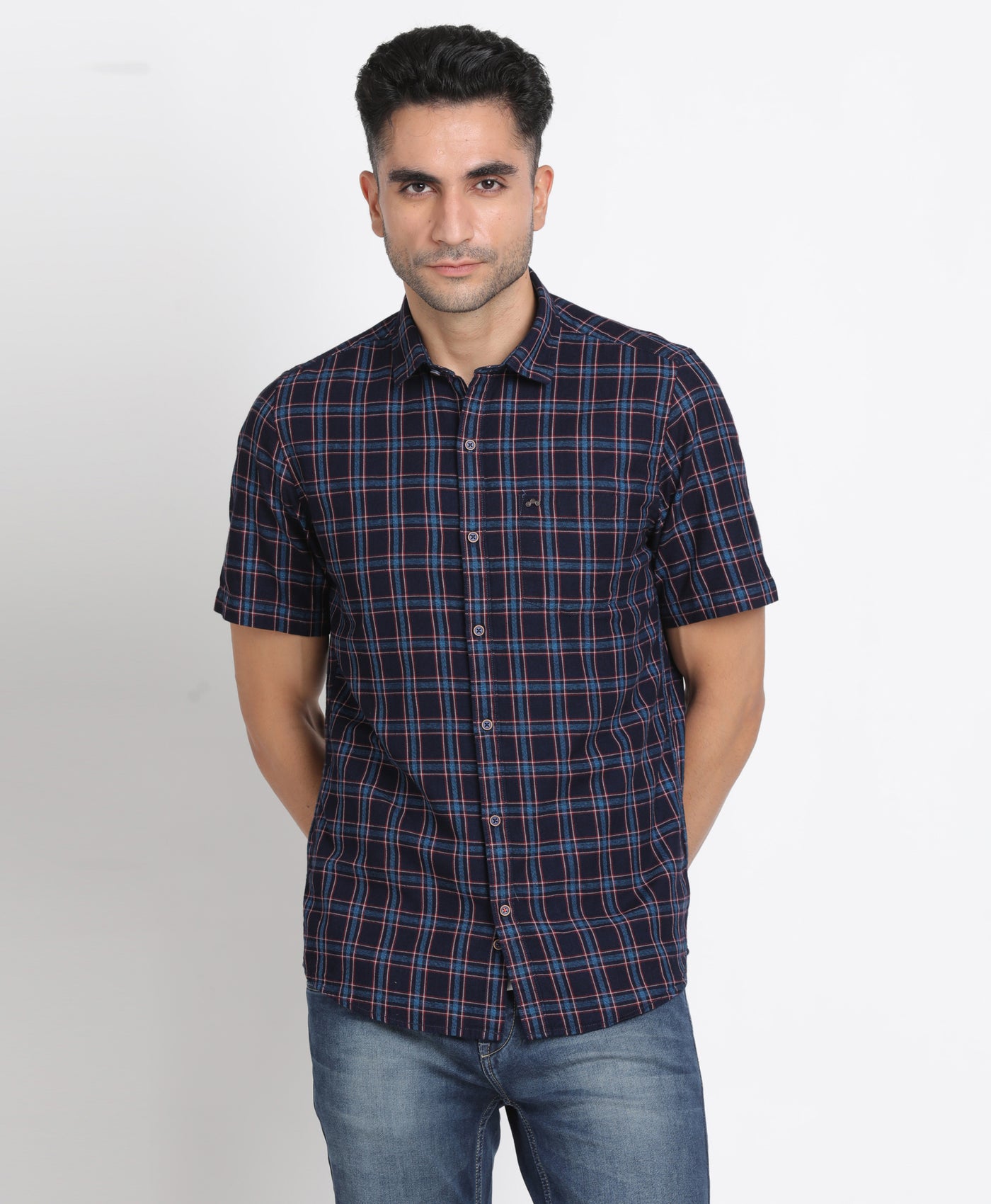 100% Cotton Indigo Navy Blue Checkered Slim Fit Half Sleeve Casual Shirt