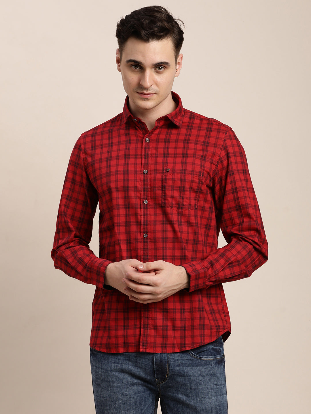 100% Cotton Red Checkered Slim Fit Full Sleeve Casual Shirt