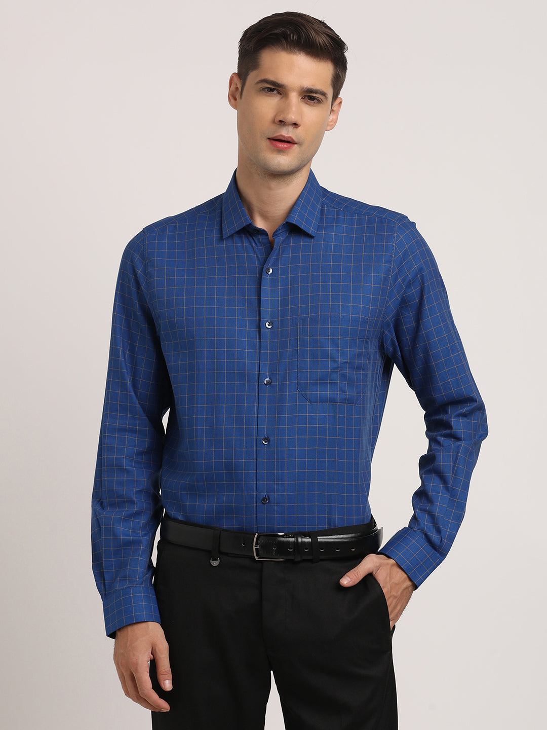 100% Cotton Blue Checkered Slim Fit Full Sleeve Formal Shirt