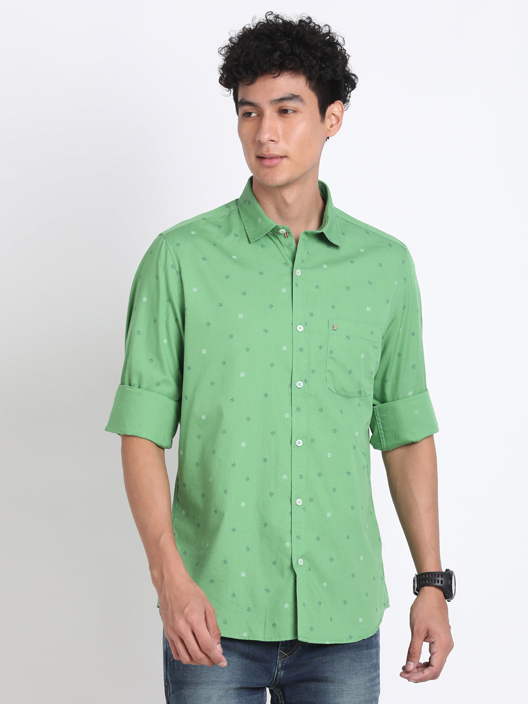 100% Cotton Green Printed Slim Fit Full Sleeve Casual Shirt