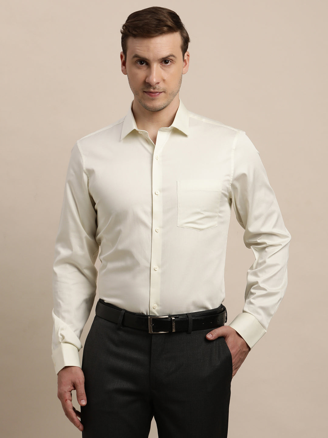 100% Cotton Cream Plain Slim Fit Full Sleeve Formal Shirt