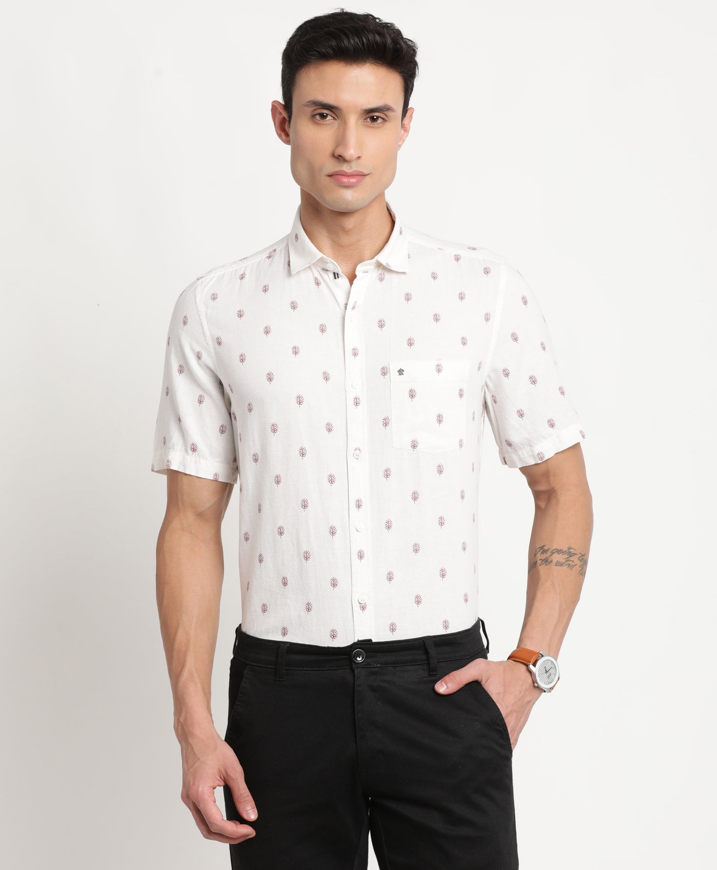 Cotton Linen White Printed Slim Fit Half Sleeve Casual Shirt