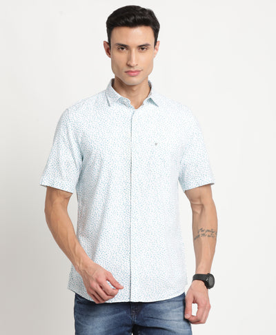 Cotton Linen White-Blue Printed Slim Fit Half Sleeve Casual Shirt