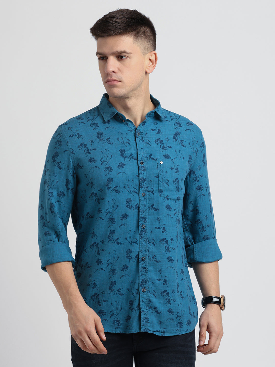 Cotton Lyocell Blue Printed Slim Fit Full Sleeve Casual Shirt