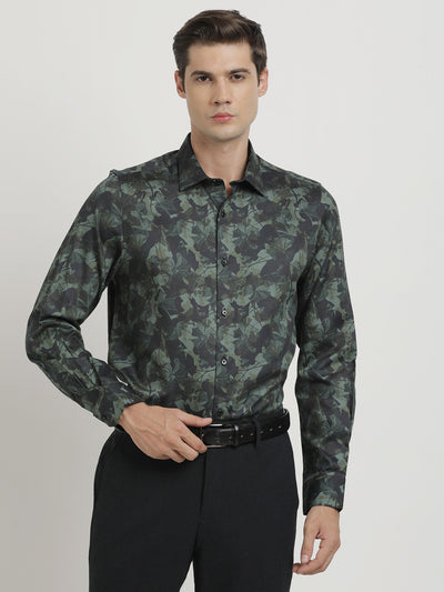 Cotton Tencel Dark Green Printed Slim Fit Full Sleeve Ceremonial Shirt