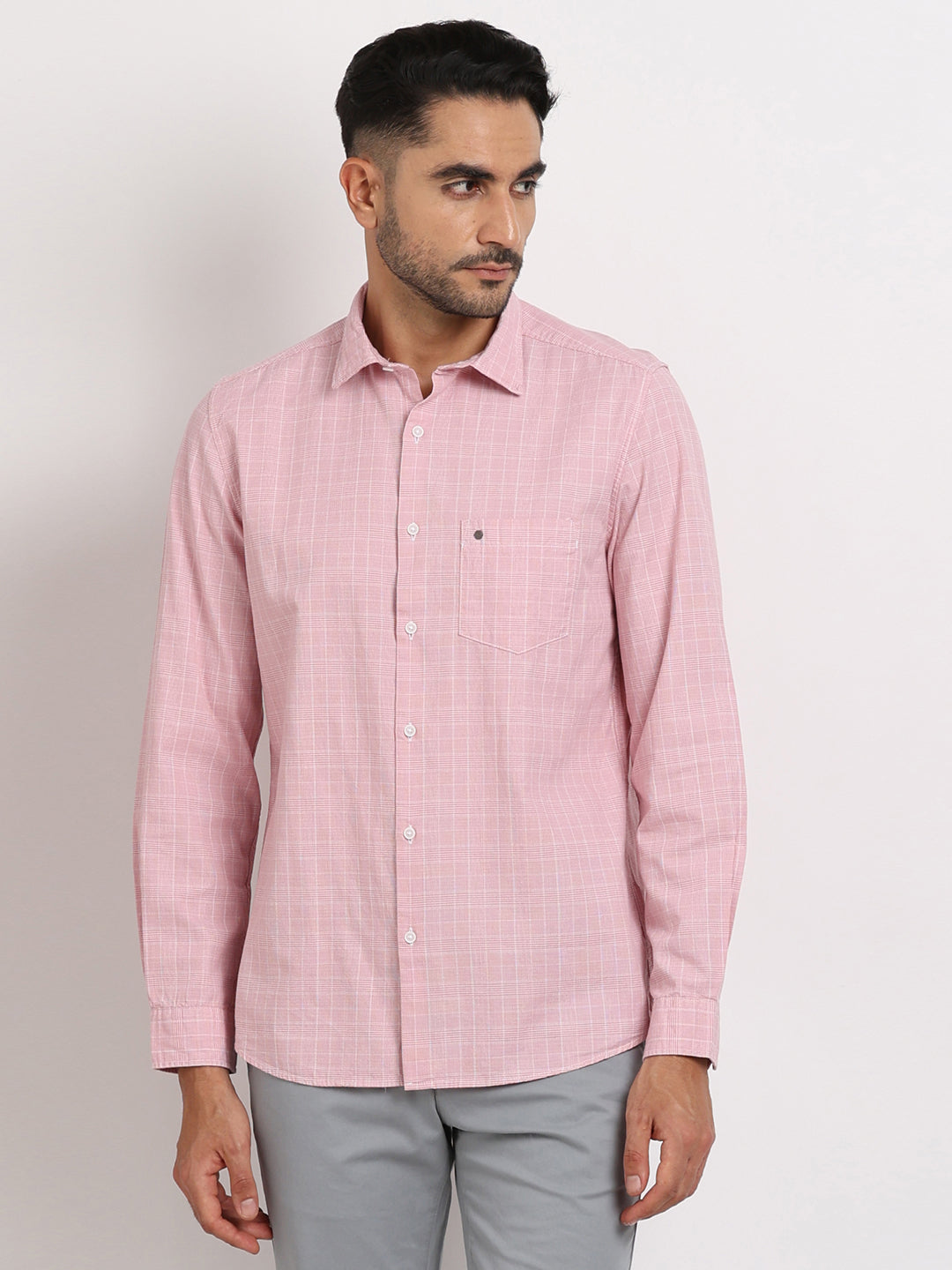 100% Cotton Pink Checkered Slim Fit Full Sleeve Casual Shirt