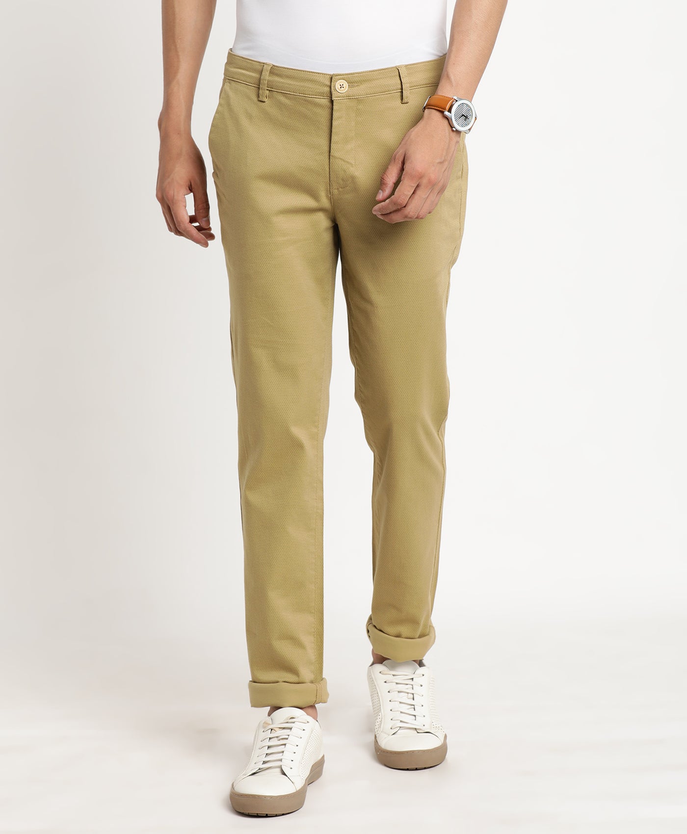 Cotton Stretch Khaki Printed Ultra Slim Fit Flat Front Casual Trouser