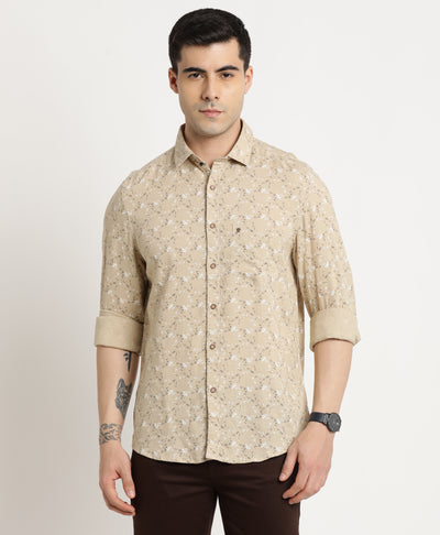 Cotton Linen Beige Printed Slim Fit Full Sleeve Casual Shirt