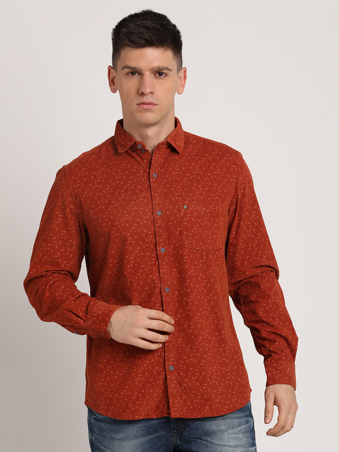 100% Cotton Rust Printed Slim Fit Full Sleeve Casual Shirt