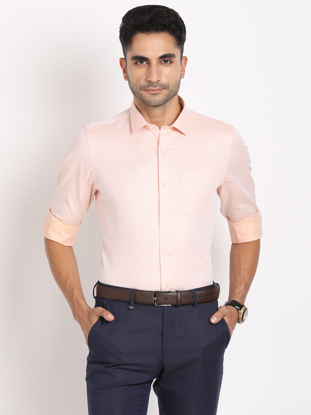 100% Cotton Pink Dobby Slim Fit Full Sleeve Formal Shirt