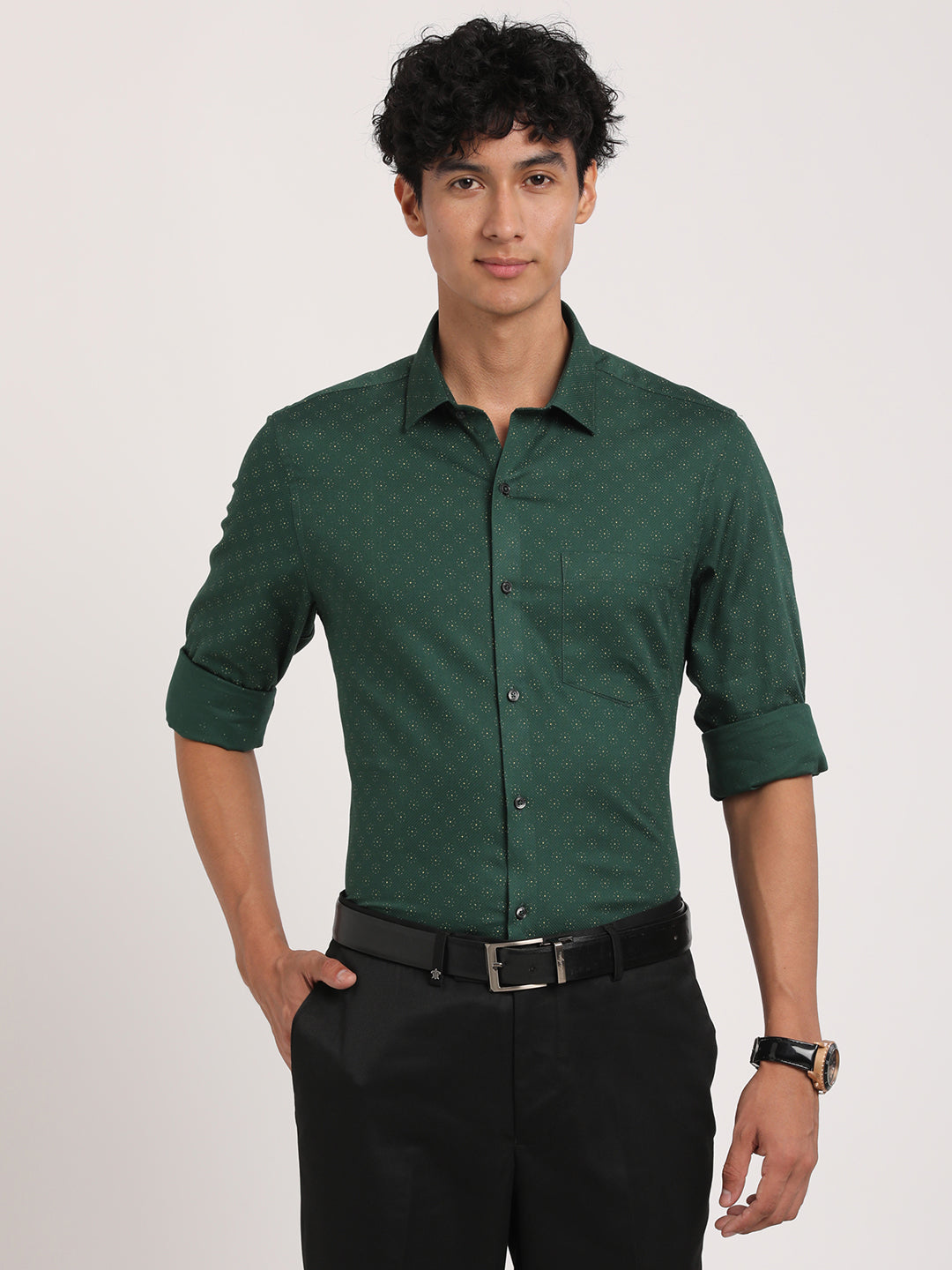 Turtle Men Pure Cotton Green Printed Slim Fit Formal Shirts