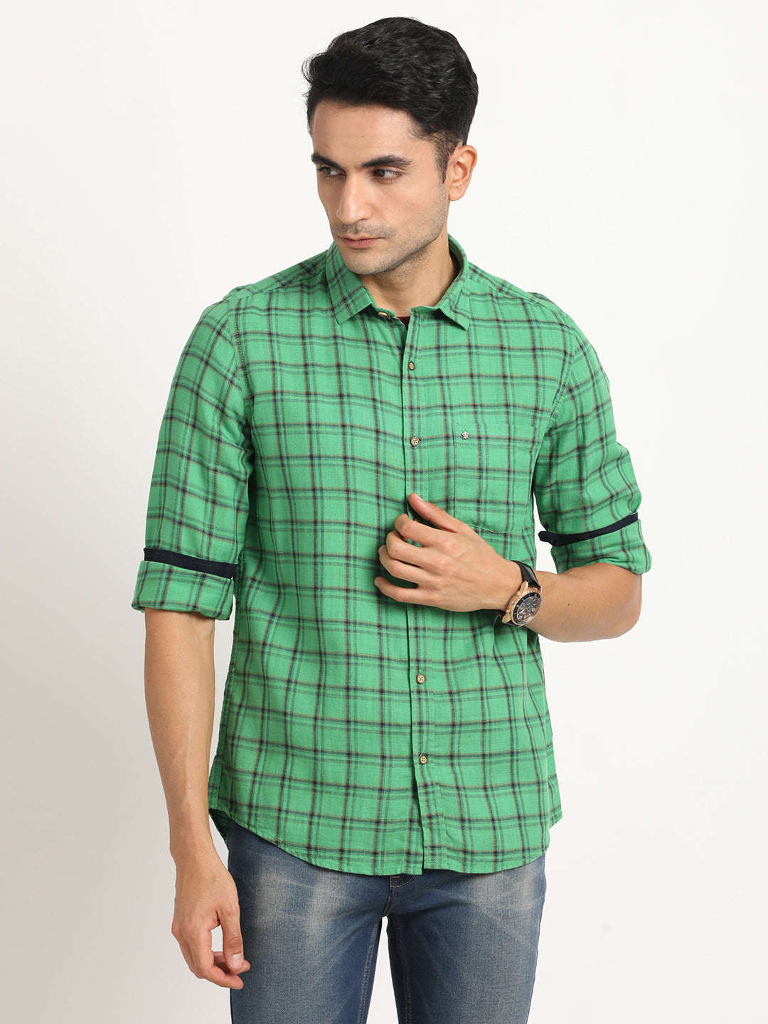 Cotton Viscose Green Checkered Slim Fit Full Sleeve Casual Shirt