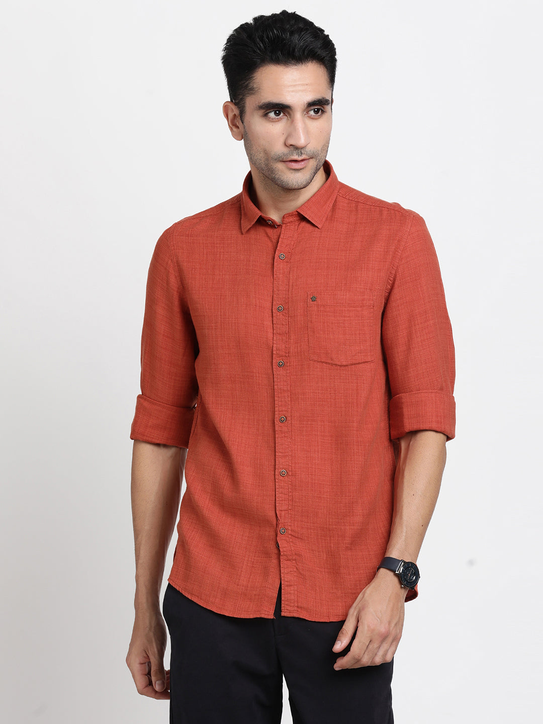 Cotton Lyocell Orange Plain Slim Fit Full Sleeve Casual Shirt