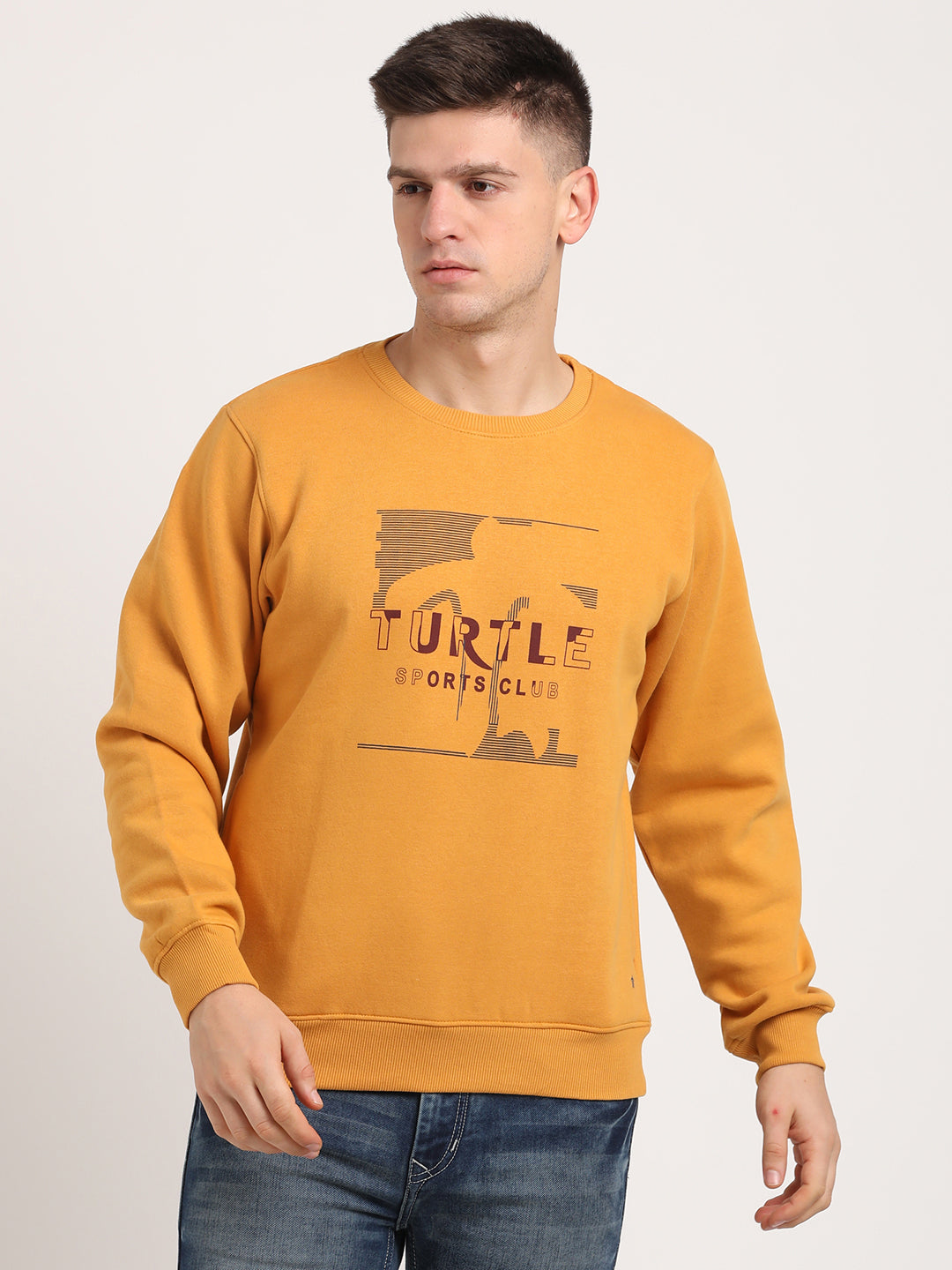 Cotton Stretch Yellow Plain Regular Fit Full Sleeve Casual Sweatshirt