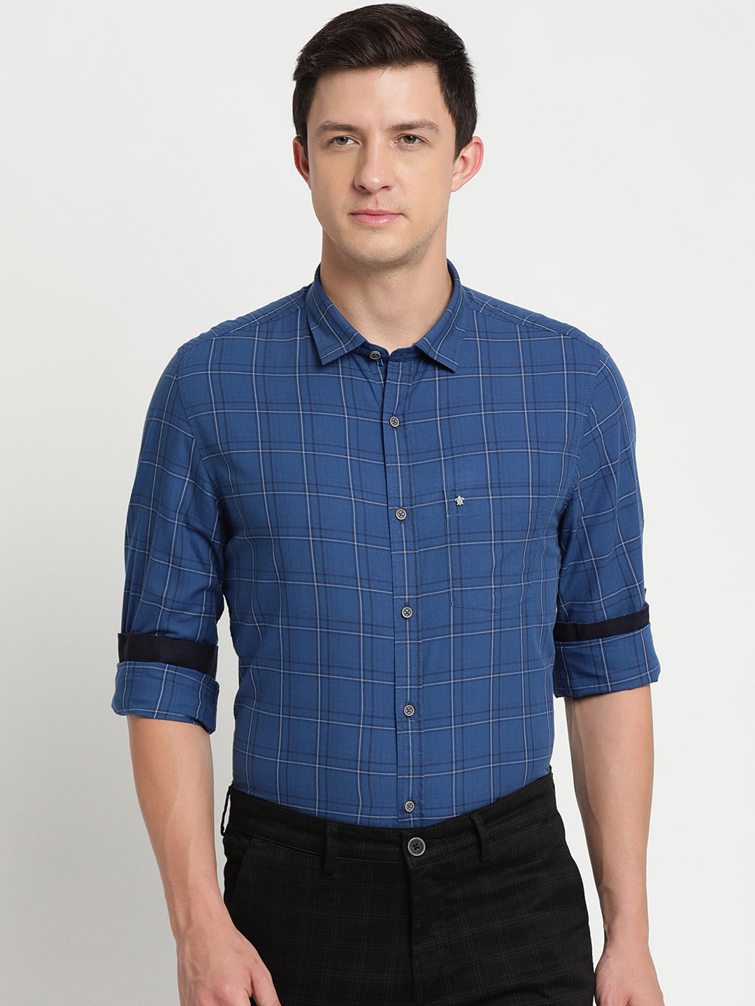 100% Cotton Blue Checkered Slim Fit Full Sleeve Casual Shirt