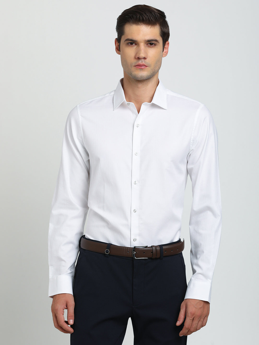 100% Cotton White Jacquard Slim Fit Full Sleeve Ceremonial Shirt