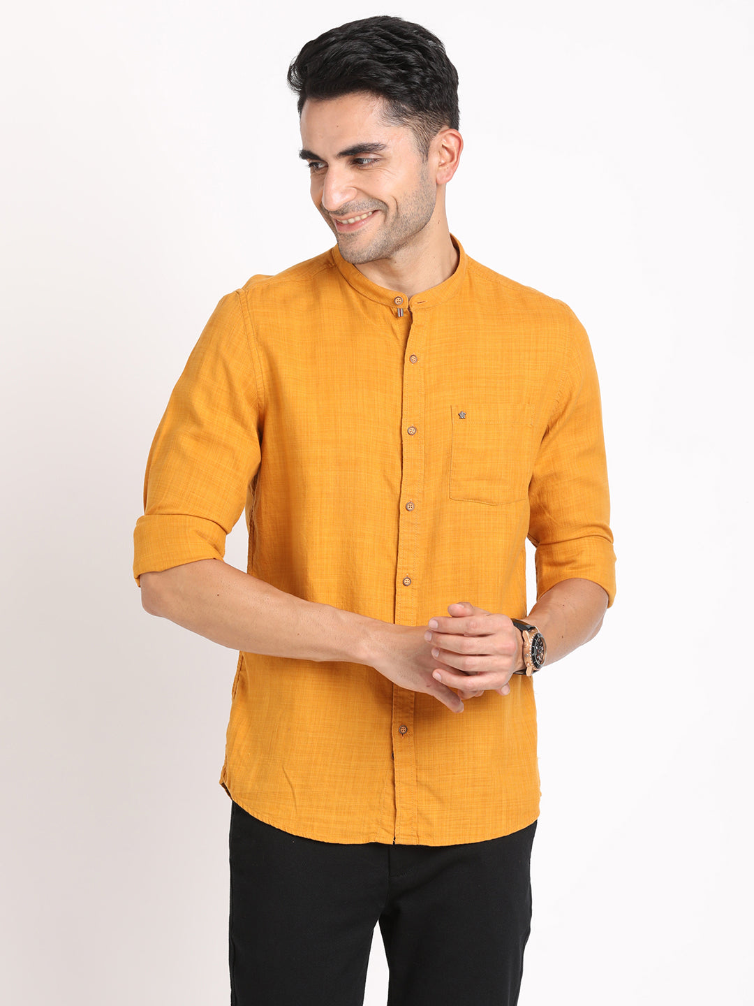 Cotton Lyocell Yellow Plain Slim Fit Full Sleeve Casual Shirt