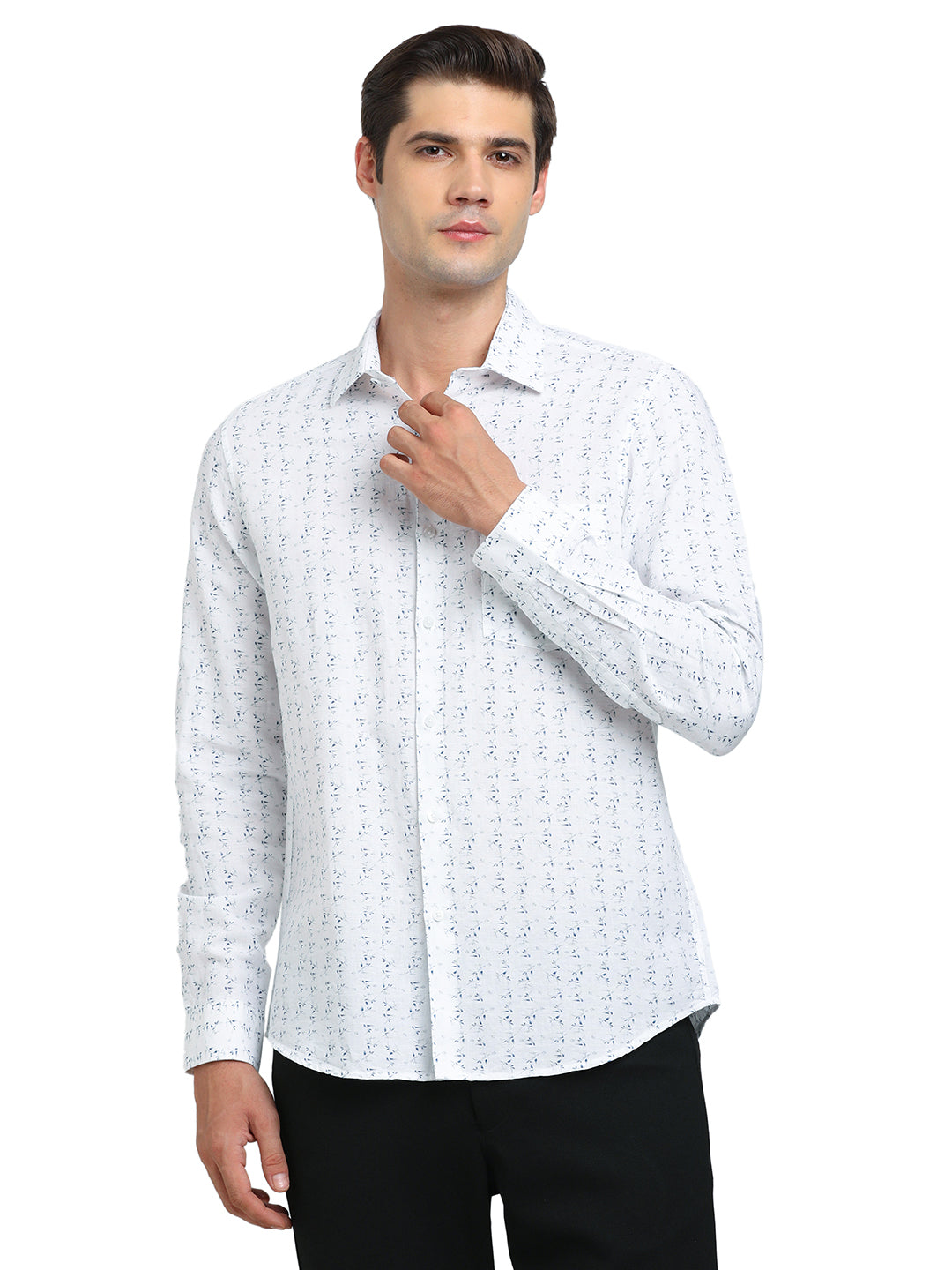 Cotton Linen White Printed Slim Fit Full Sleeve Formal Shirt