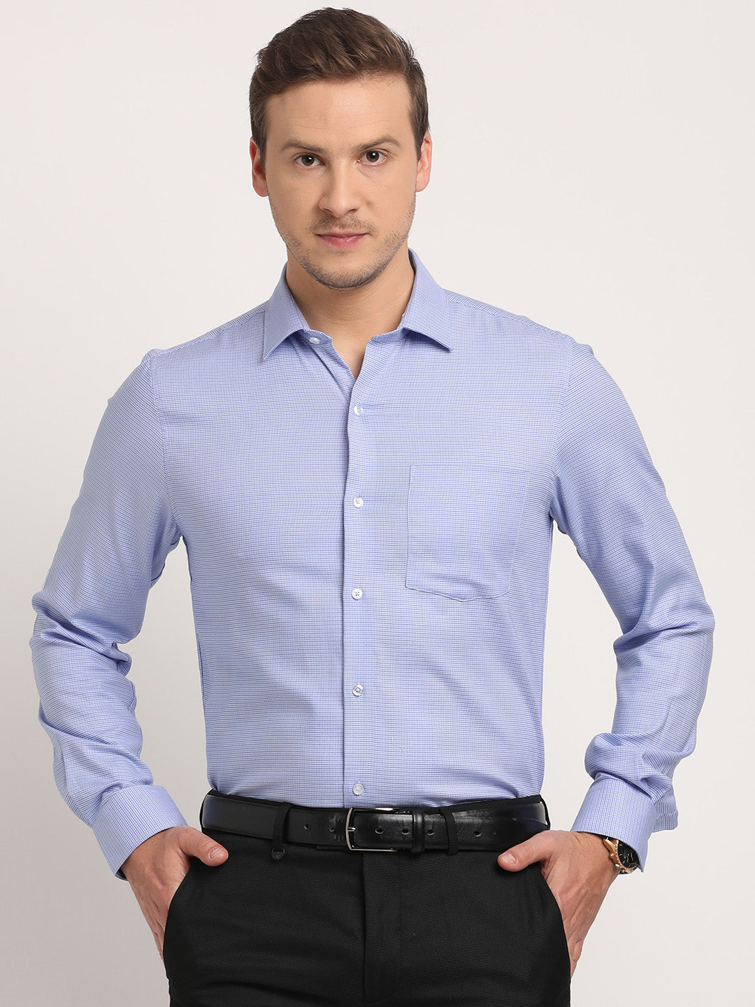 100% Cotton Blue Dobby Slim Fit Full Sleeve Formal Shirt