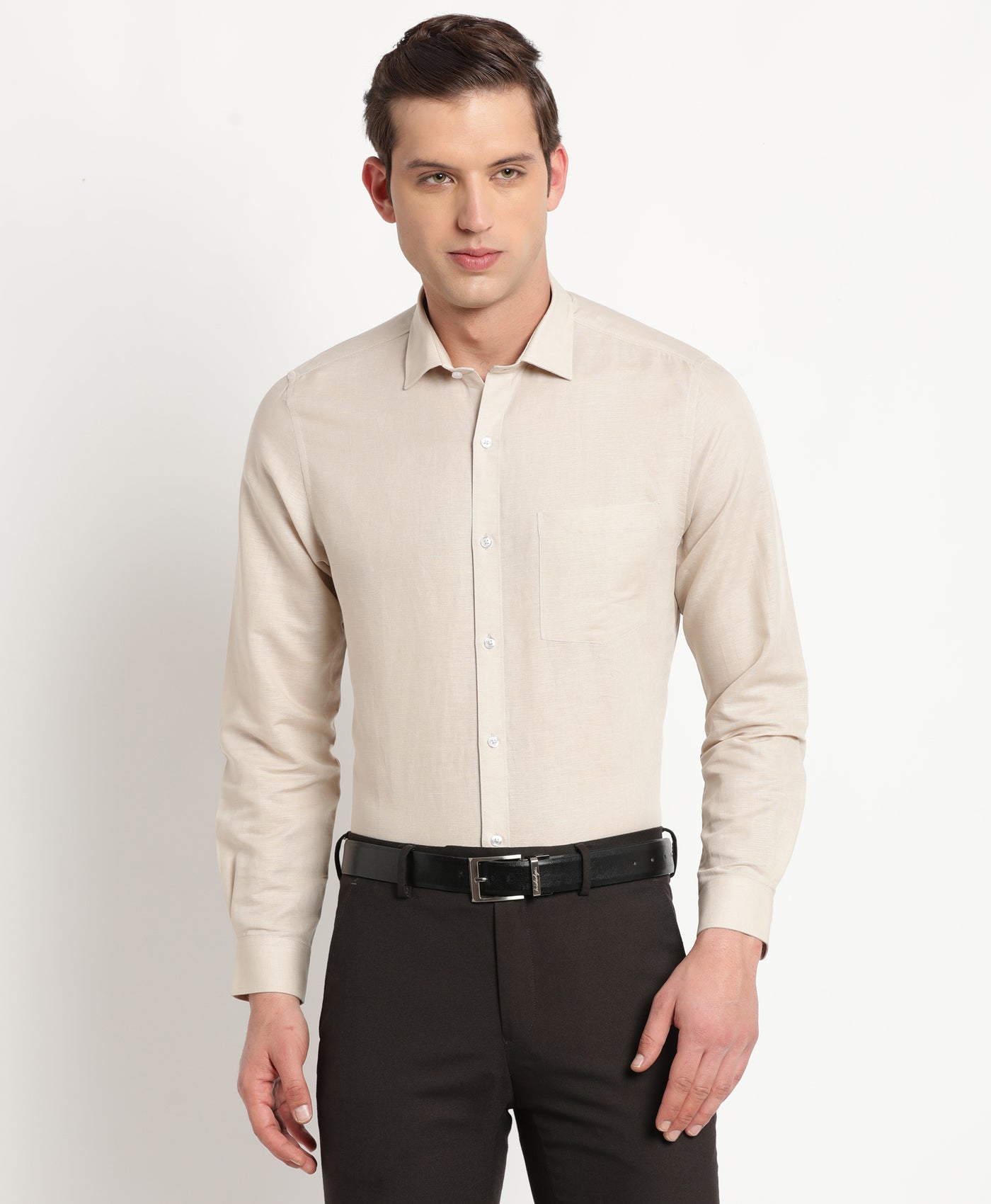 Cotton Linen Beige Plain Slim Fit Full Sleeve Formal Shirt