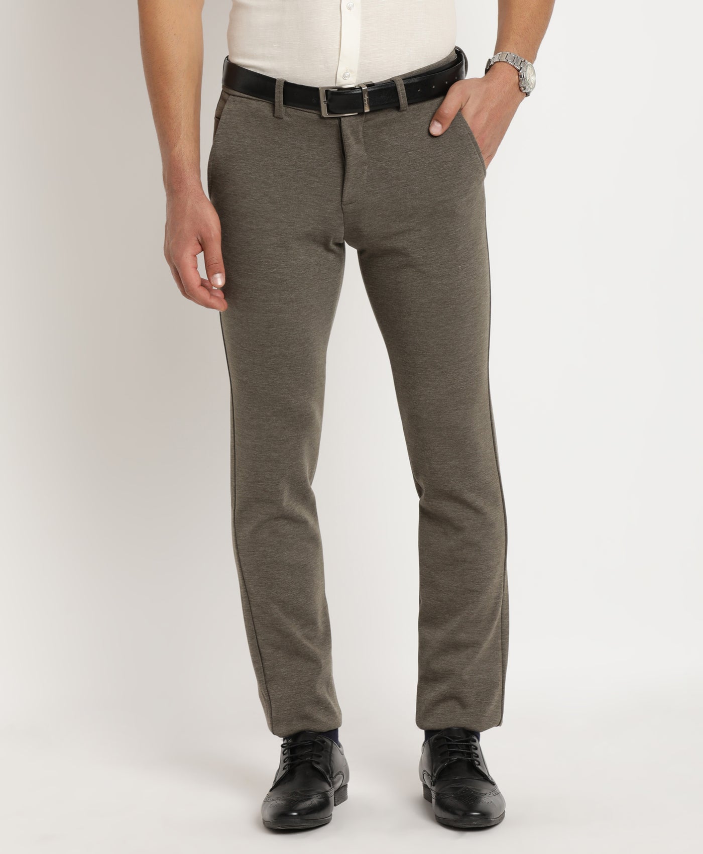 Cotton Grey Plain Ultra Slim Fit Flat Front Casual Trouser