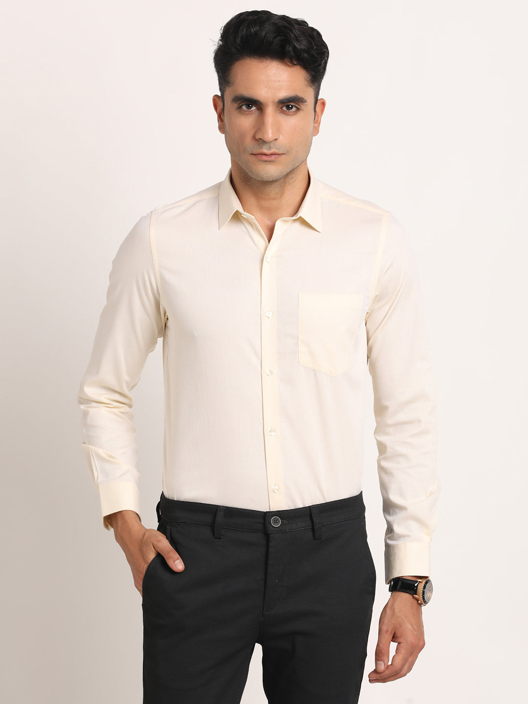 100% Cotton Beige Dobby Slim Fit Full Sleeve Formal Shirt